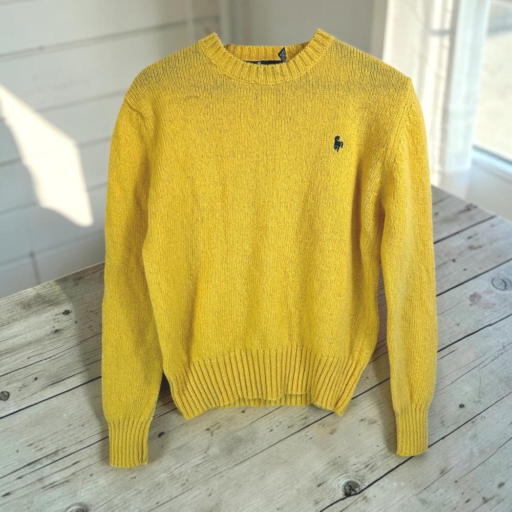Vintage Crewneck Sweater Hunt Club L Yellow 100% Shetland Wool Horse Logo Panama